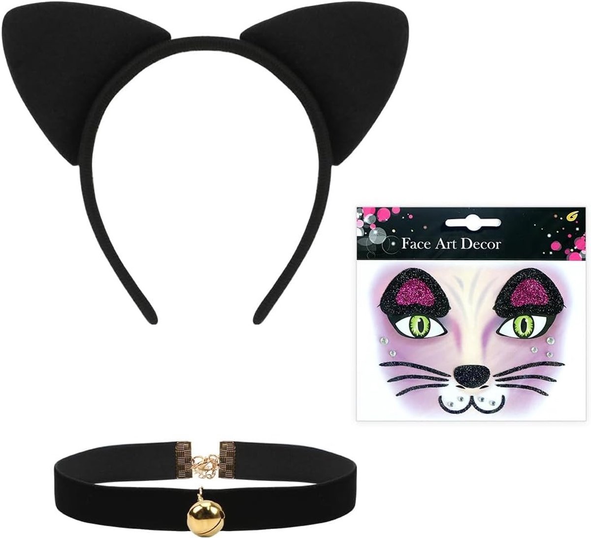 Cat Costume Accessoires voor Kinderen en Volwassenen, Kattenoren Haarband, Gezichtstatoeage en Belketting voor Carnaval, Halloween en Cosplay