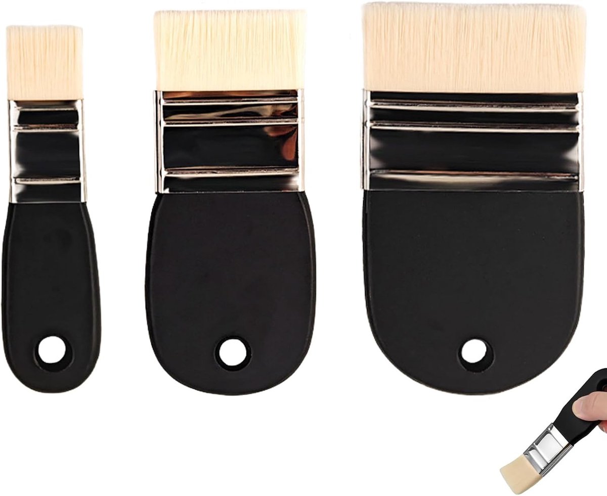 Set van 3 platte acrylkwasten met houten handvat, brede penseelset voor aquarel, gouache en acryl schilderen, ideaal voor kunstenaars en hobbyisten