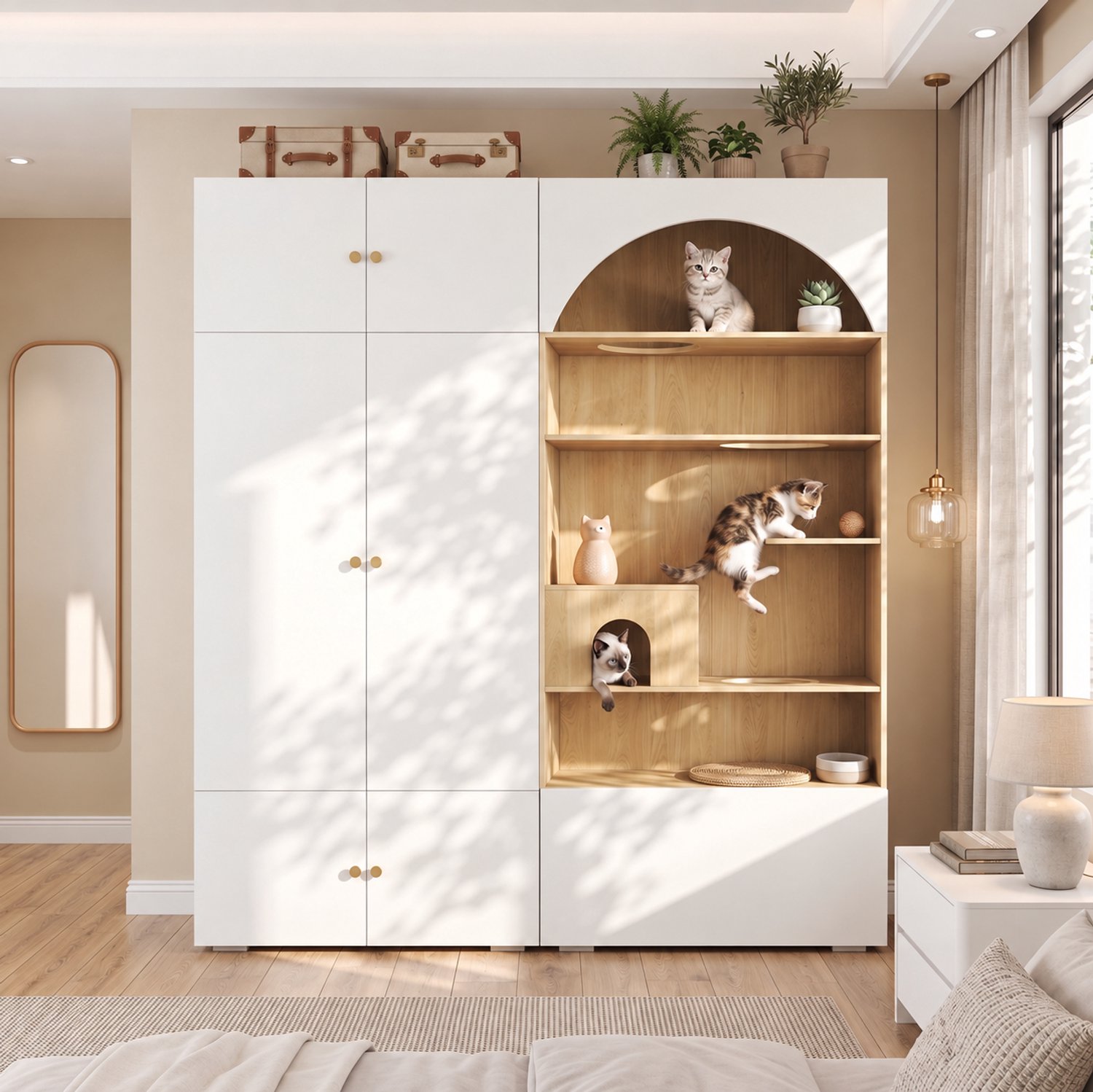 REDOM Kledingkast 180x50x200 cm - Met kattenklimwand, kledingroede en 7 opbergvakken - Wit/houtlook Wit, houtkleur