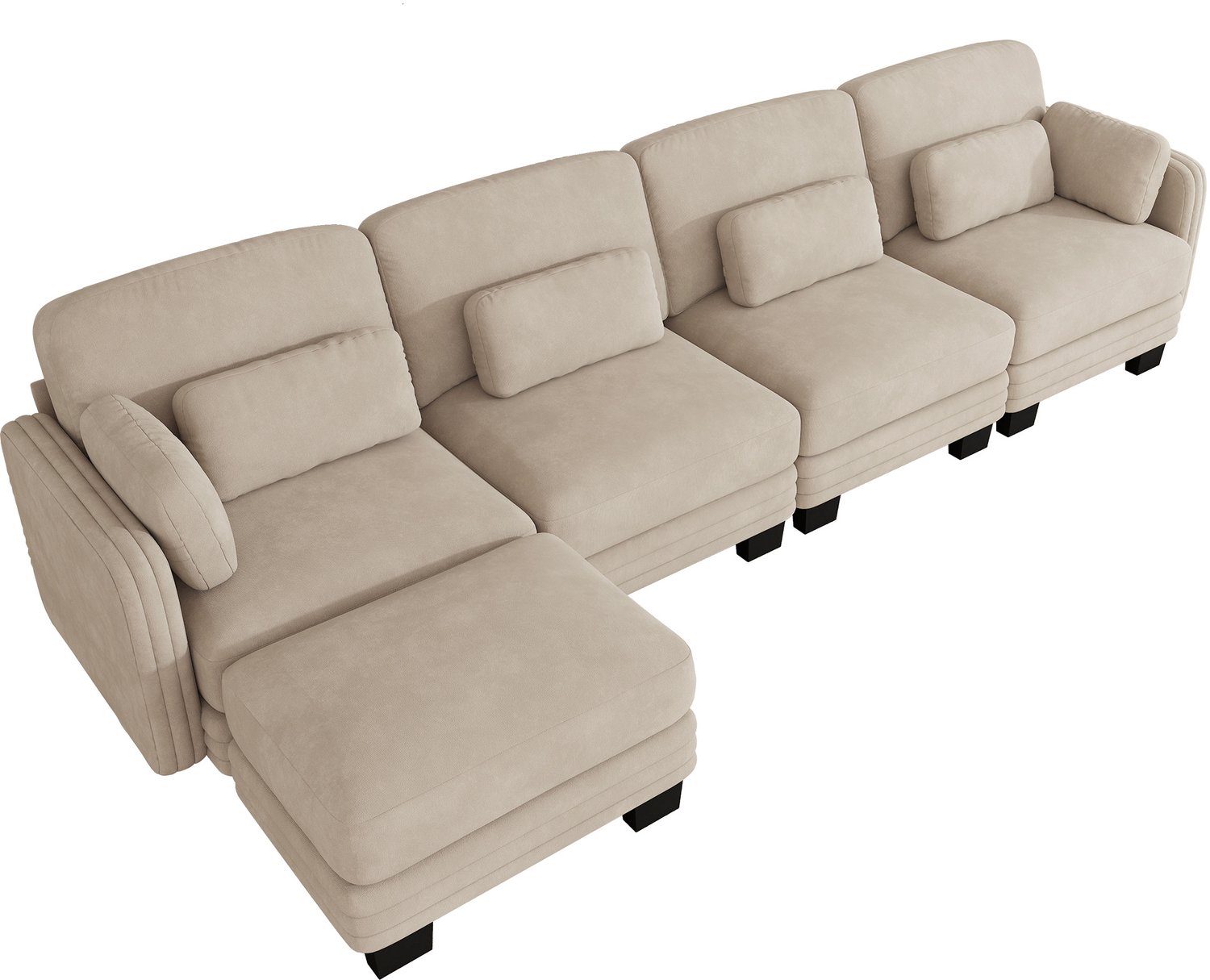 Wishdor 4-zits hoekbank - Modulair met losse hocker - Verplaatsbare lendenkussens en armkussens - Chenille bekleding met pocketvering - Voor woonkamer en appartement - Lichtbruin - 330 x 143 x 88 cm