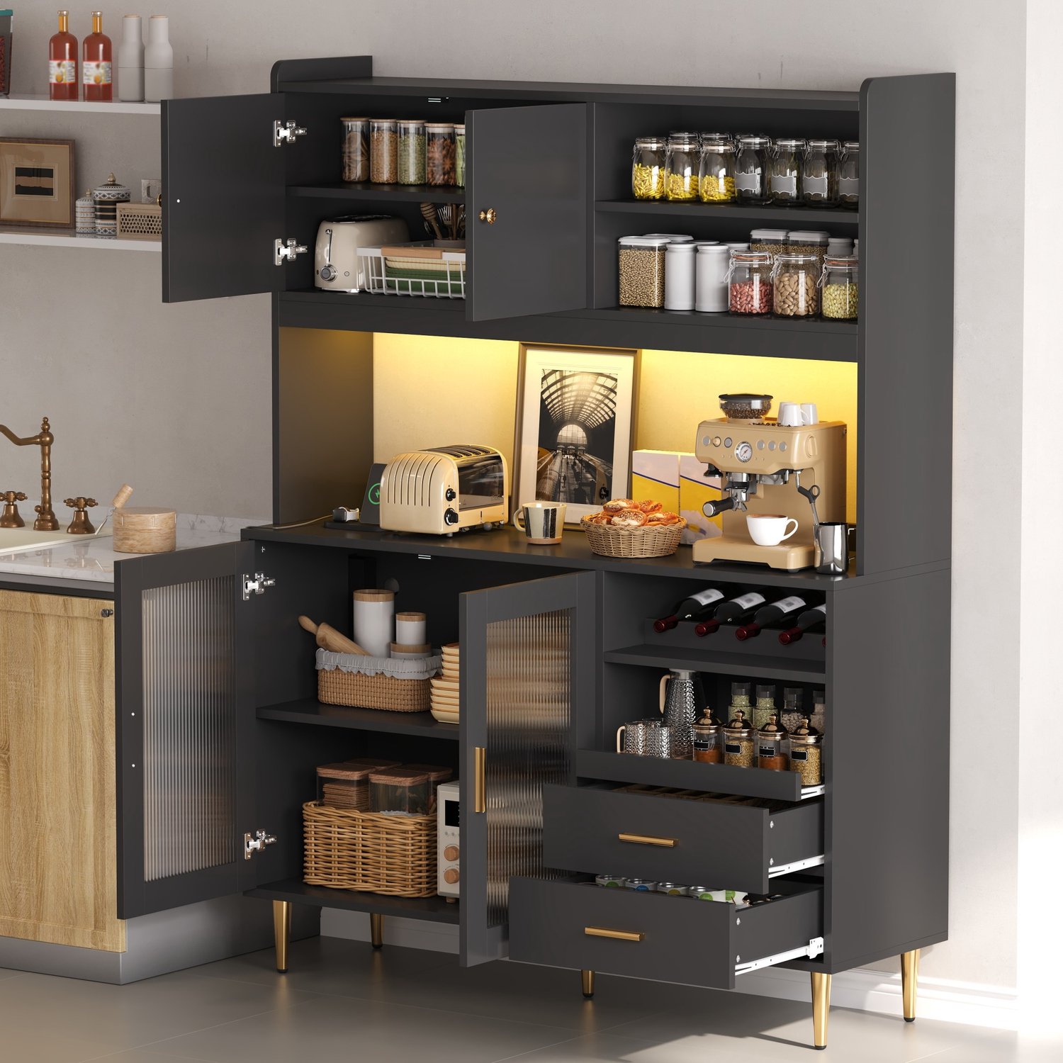 HAUSS SPOLE Keukenkast - Met Ledverlichting, Stopcontacten En Wijnvakken - Voor Keuken En Eetkamer - MDF - Zwart - 130x40x172 Cm