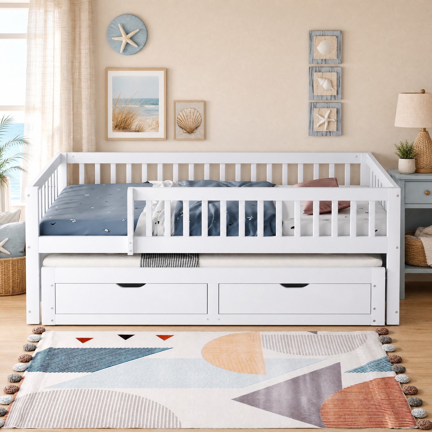 Maisentiel Wit houten eenpersoonsbed 90 x 200 cm met uitschuifbaar bed, hekwerk en 2 lades
