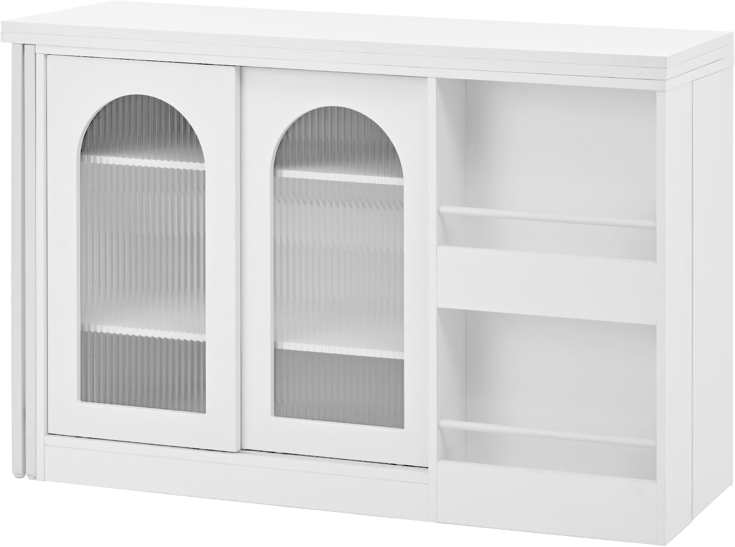 MUVANO Witte uitschuifbare bartafel - Keukeneiland met opbergruimte - 360° draaibaar en uitklapbaar - Glazen schuifdeuren - 121,5 x 40 x 76,7 cm