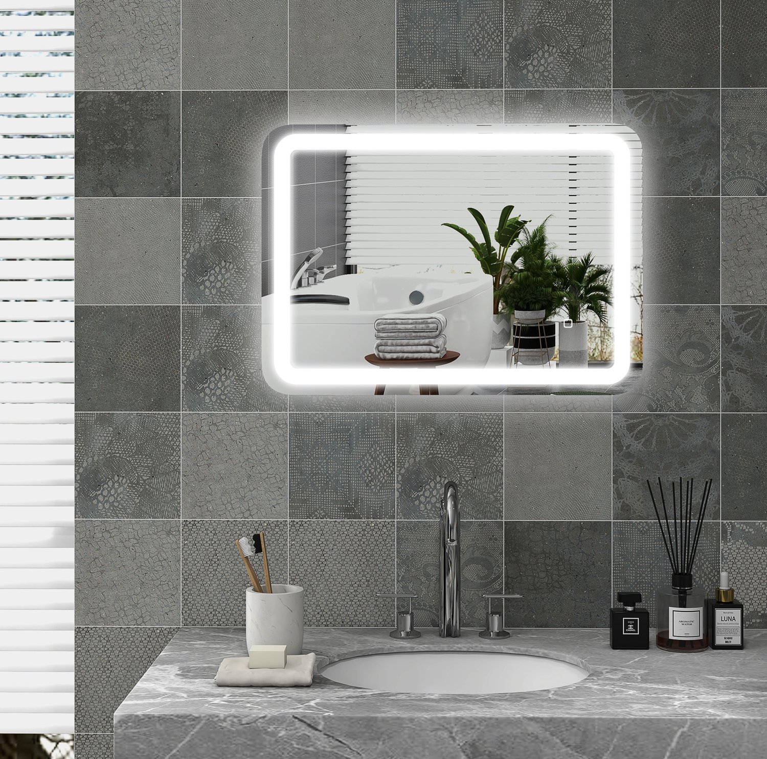 HAUSS SPOLE Badkamerspiegel Ledverlichting – 50 x 70 cm – Gehard Glas – Zilver – Drie Lichtkleuren en Aanraakbediening – Anticondens en IP44