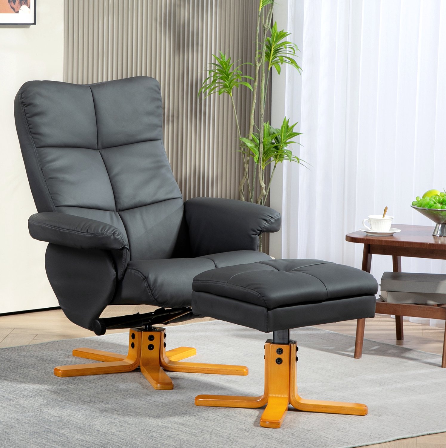 DESMIU Relaxfauteuil 80 x 86 x 99 cm - Verstelbare Rugleuning en Hocker - 360 Graden Draaibaar - Voor Woonkamer - Kunstleer - Donkergrijs