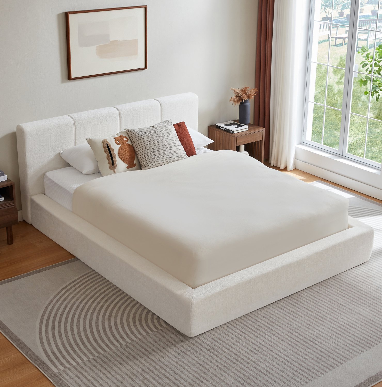 Wishdor Tweepersoonsbed 160x200 cm - Gestoffeerd hoofdbord - Versterkt stalen frame en lattenbodem - Tijdloos ontwerp - Zonder matras voor de slaapkamer - Metaal en stof - Crèmewit - 228 x 189 x 88 cm