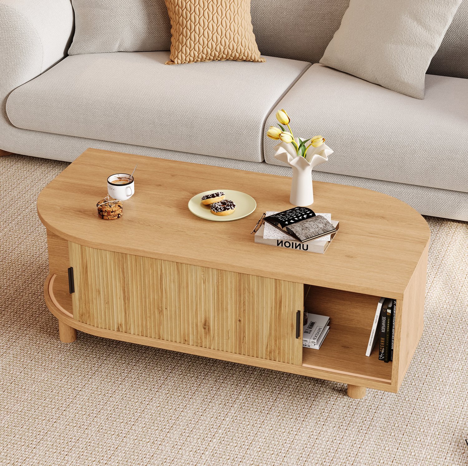MODENUIT Salontafel - 2 Schuifdeuren - Voor Woonkamer - Mdf en Spaanplaat - 100x50x35 Cm - Naturel Naturel houtkleur