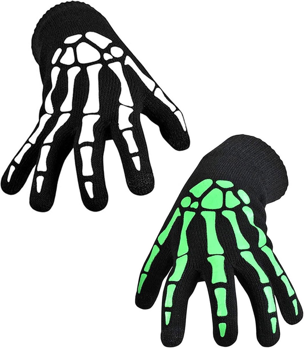 Handschoenen, uniseks, Halloween, glow-in-the-dark, Halloween, kostuum, accessoires, horrorhandschoenen, zwart, met lichtgevend skelet