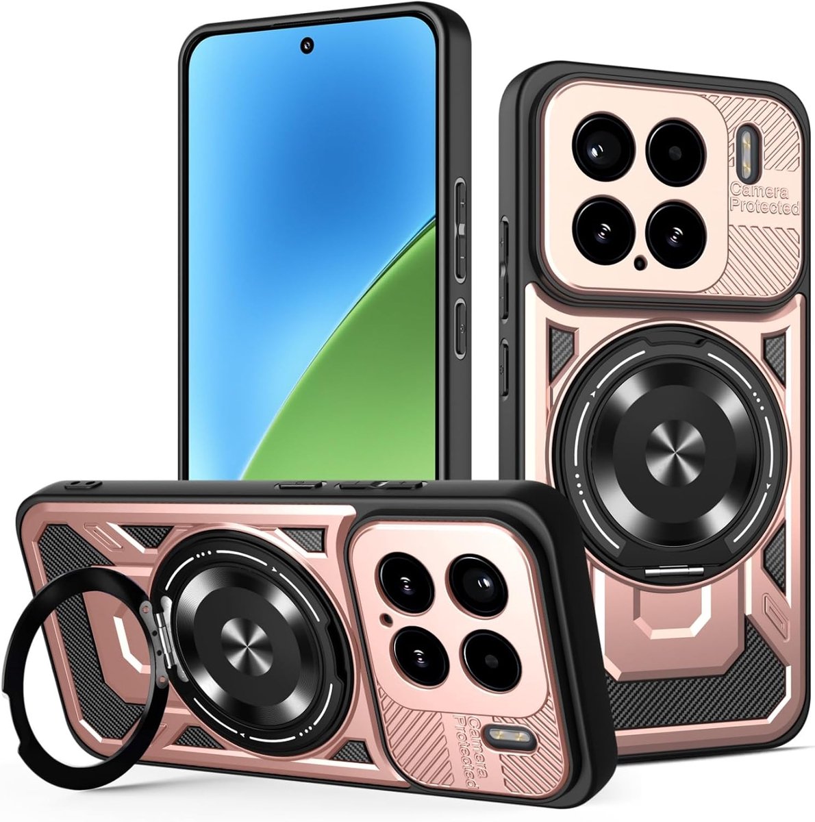 Hoesje voor Xiaomi 15 5G, Robuuste Case met 360° Metalen Ring en Sterke Magnetische Standaard Schokbestendig Militaire Siliconen TPU en PC Krasbestendig Pantserhoes Beschermhoes, roze
