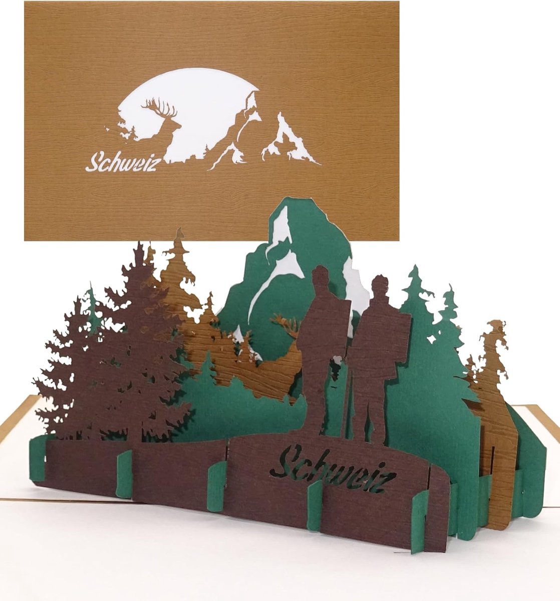 3D pop-up kaart Zwitserland (hout) - "Zwitserse Alpen - Matterhorn" - wenskaart als souvenir, reisvoucher en uitnodiging voor wandelen, klimmen en bergbeklimmen