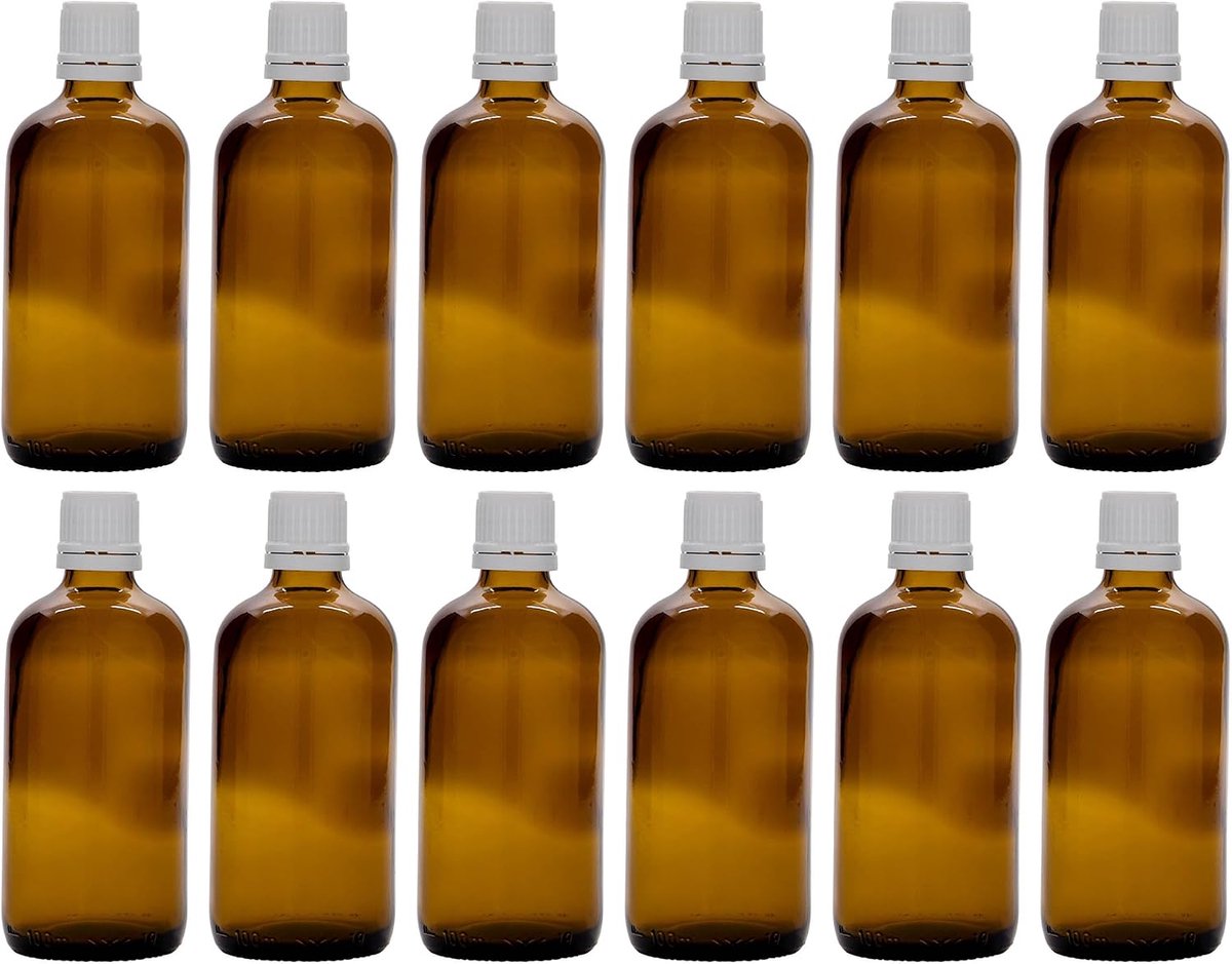 Medicijnflessen set 100 ml van bruin glas met schroefsluiting wit 12 stuks