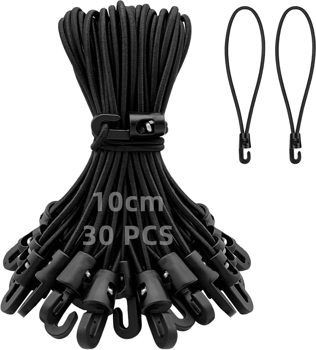 Spanrubber met haken, 10 cm, 30 stuks expanders met haken, zeilspanners, tentrubbers, rubberen spanners voor netten, banners, camping, zwart