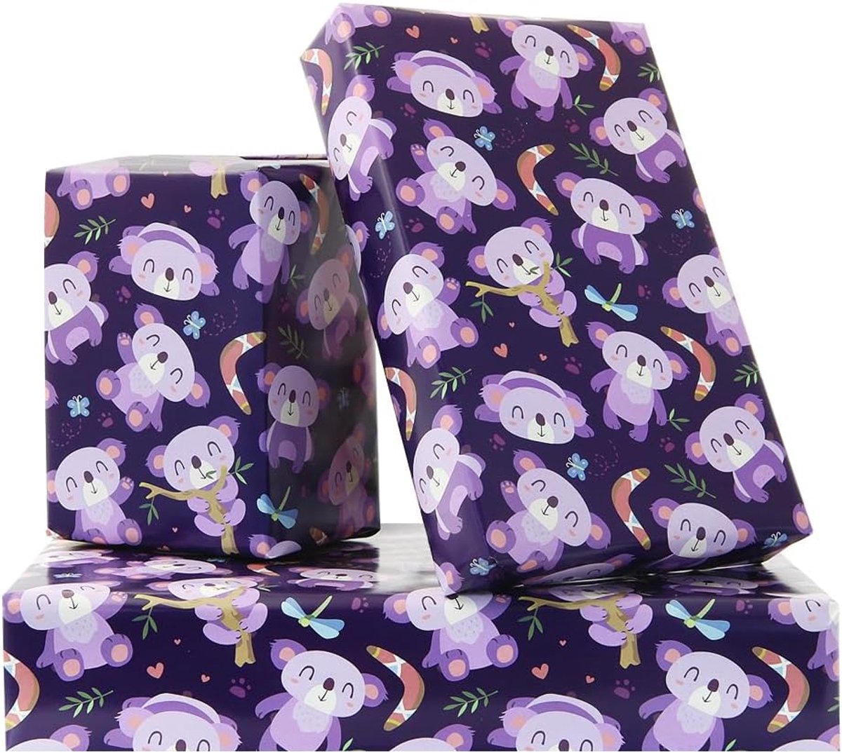 Verjaardagsinpakpapier voor kinderen, meisjes, jongens, vrouwen, schattige koala met boemerangontwerp, cadeaupapier voor verjaardag of babyshower, 4 vellen plat gevouwen, 50 x 70 cm per vel