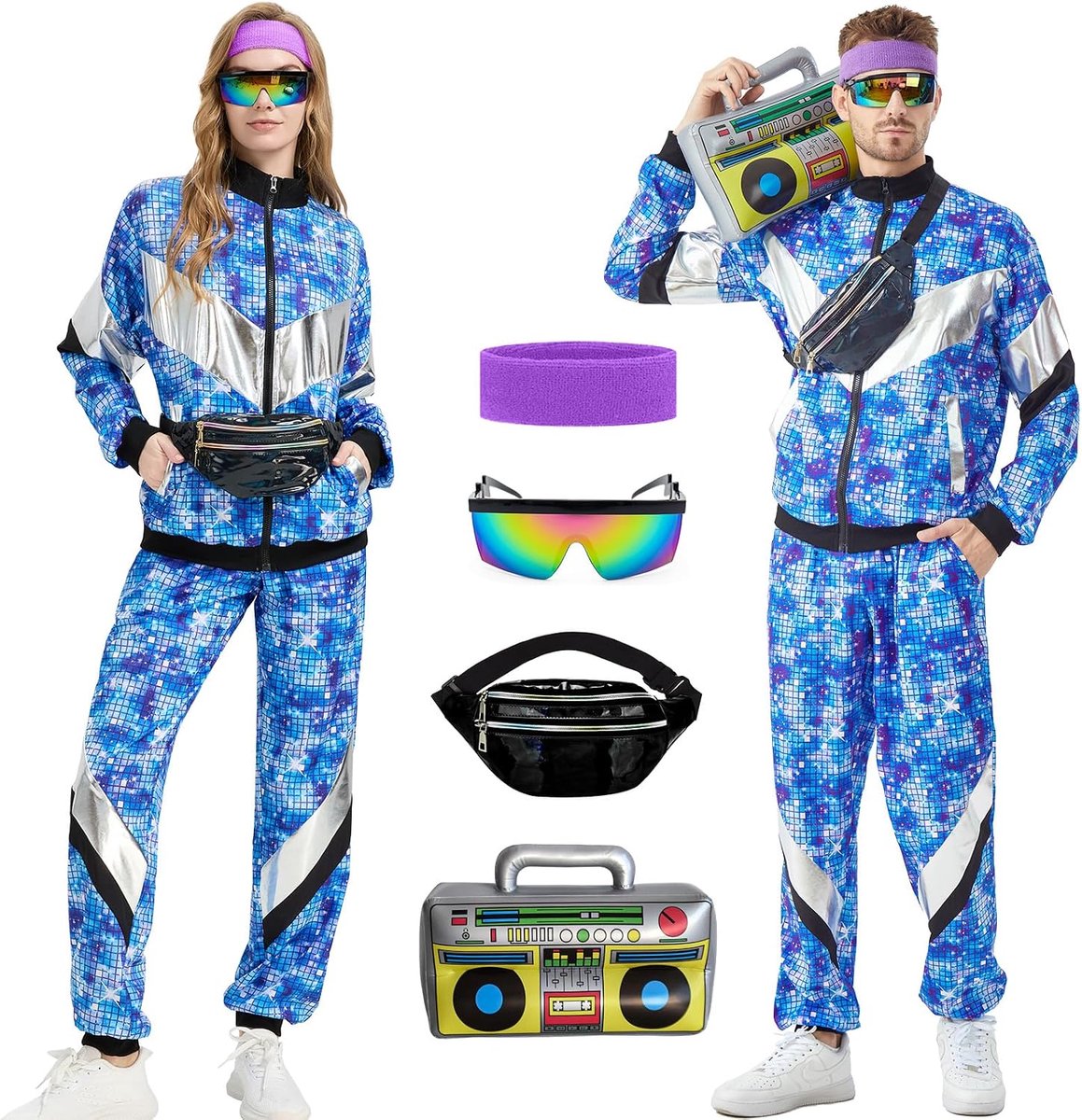 Jaren '80 en 90 outfit voor heren en dames, kostuum jaren 80 trainingspak, disco jas en broek, retro pak joggingpak, uniseks, met riemtas, bril voor badkamer, taste, party, carnaval