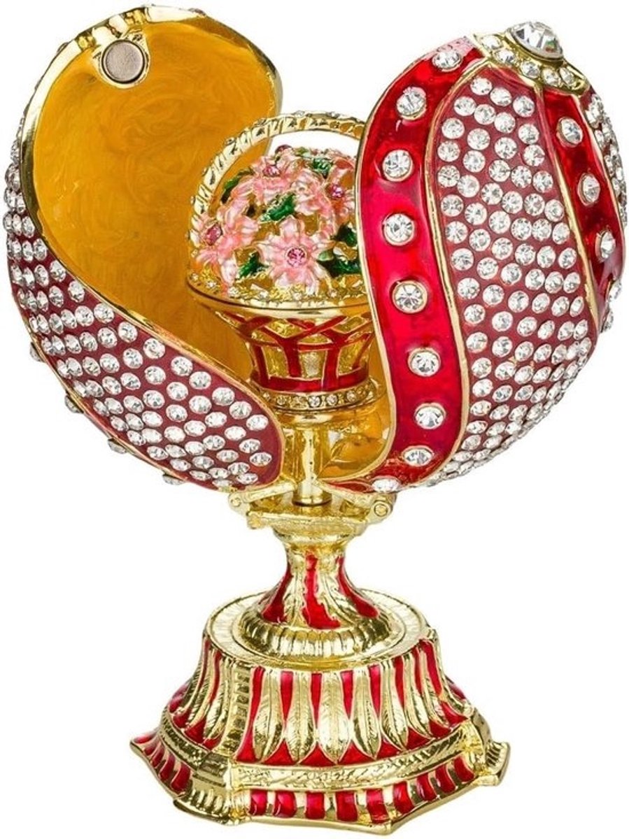 Faberge-stijl gedraaid ei juwelendoos met bloemenmandje - 12 cm in rood