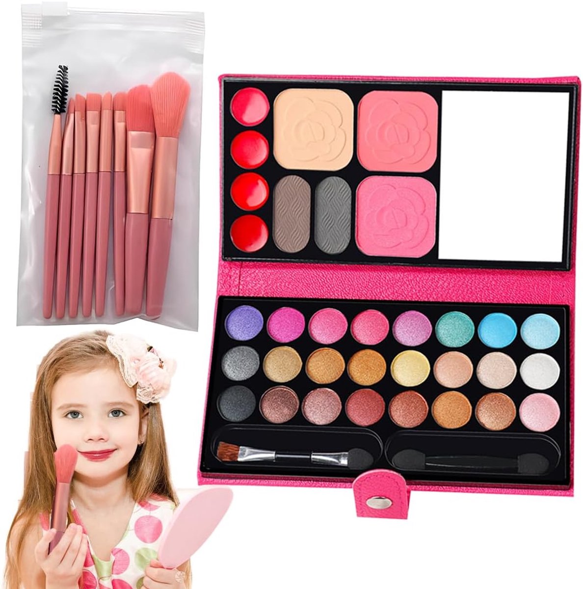 Make-upsets voor meisjes, 33 kleuren wasbaar kindermake-upspeelgoed, niet-giftige kindercosmetica met 8 wasbare penselen, podiumoptredens, Halloween, verjaardag, feest, beauty-set, cadeau