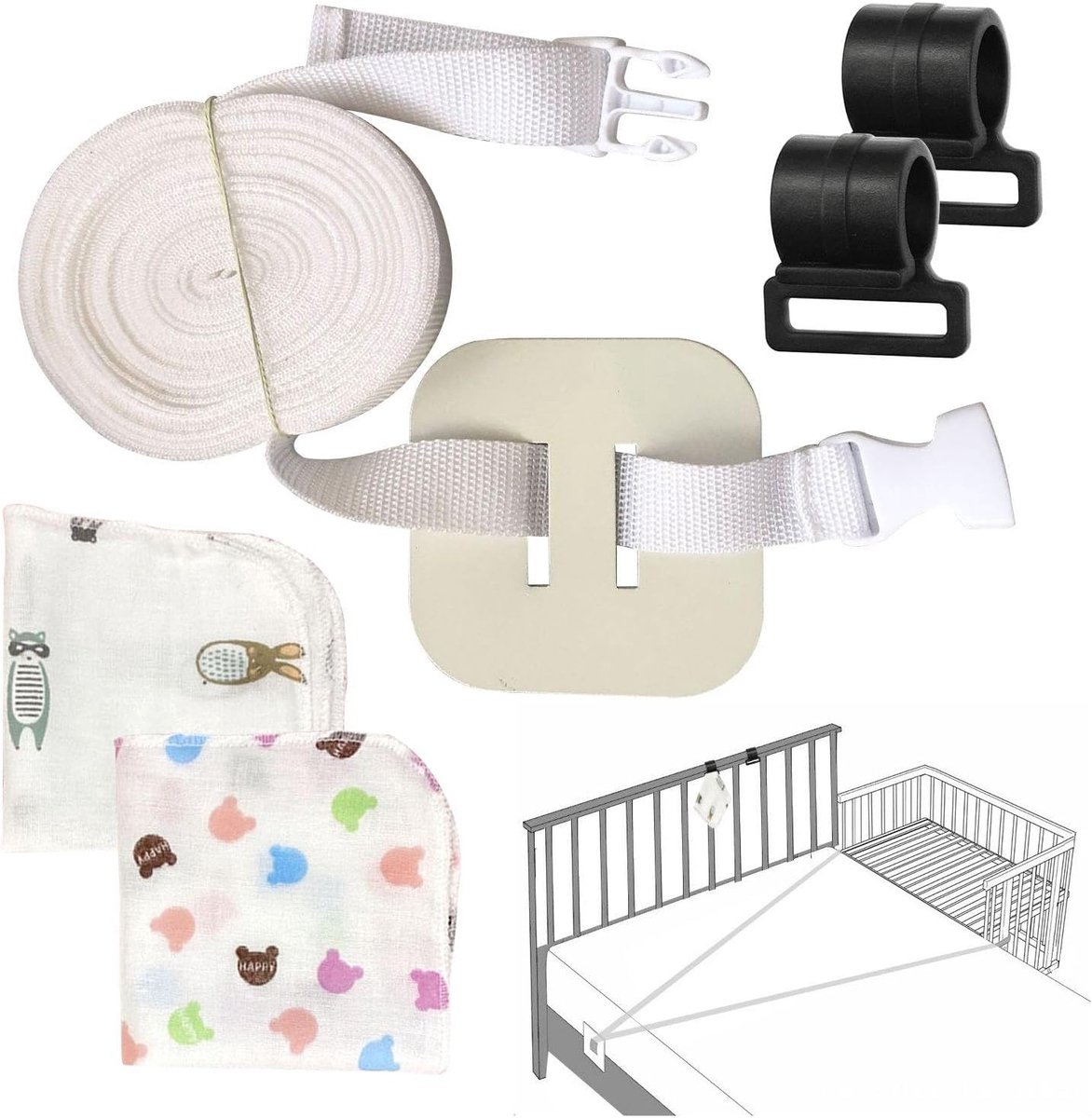 1 Stuk Wieg Vaste Riemen, 2 Stuks Baby Vierkante Handdoeken, 2 Stuks G-Vormige Haken, Anti-Bewegende Wieg Riemen, Opvouwbare Baby Bed Accessoires, Outdoor Tent Haken.