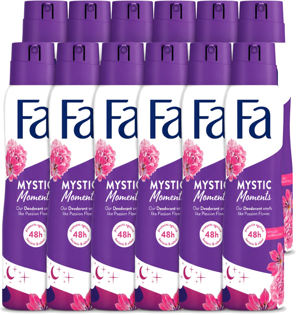 12 x Fa - Deodorant Spray - Mystic Moments - Passiebloem geur - 48 uur Bescherming - 150 ml - Voordeelverpakking - 12 stuks
