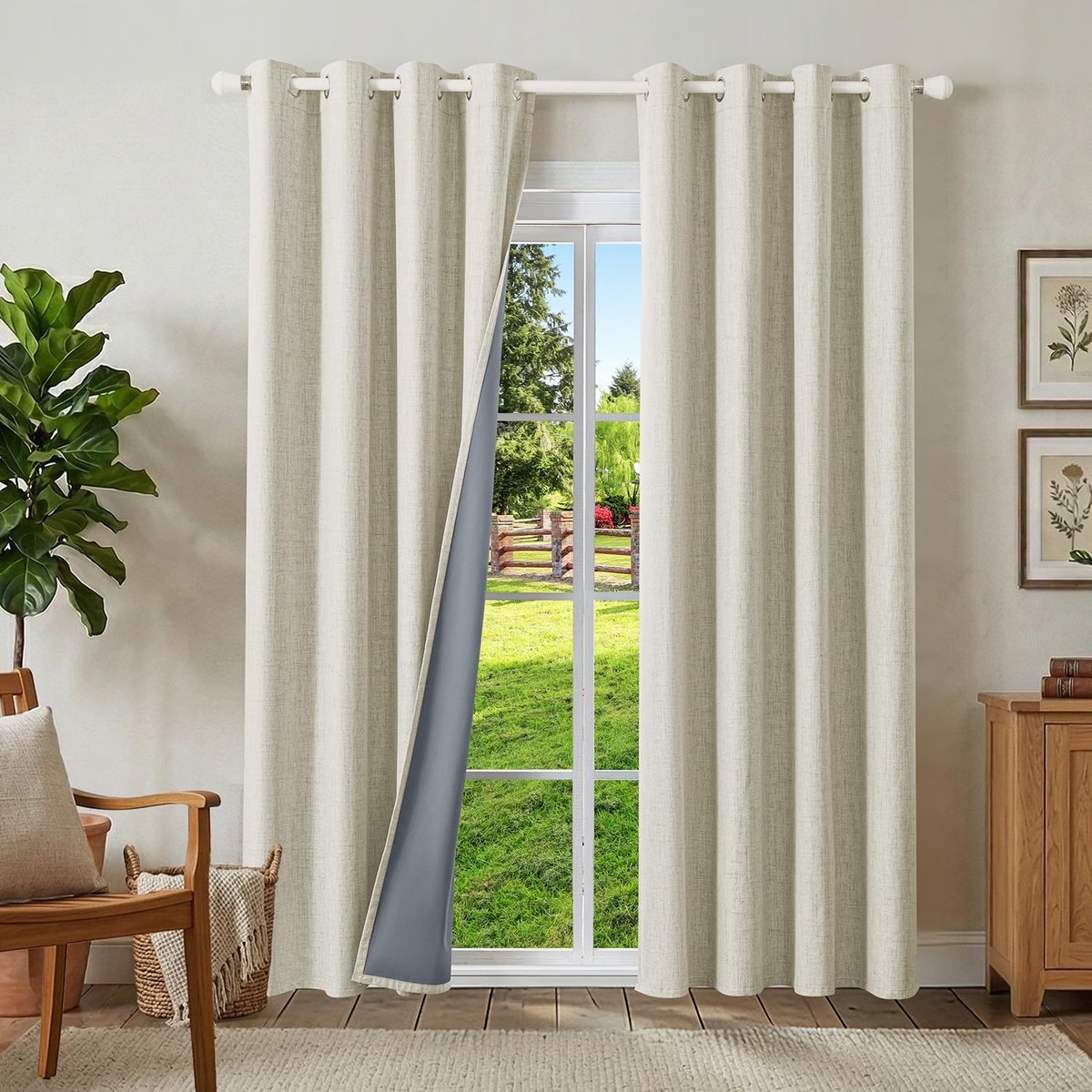 100% verduisteringsgordijnen linnen gordijnen met ogen 2-delige set, thermogordijn hittebescherming H 220 x B 140 cm, linnen-look gordijnen lichtdicht helbeige geluidsbescherming voor