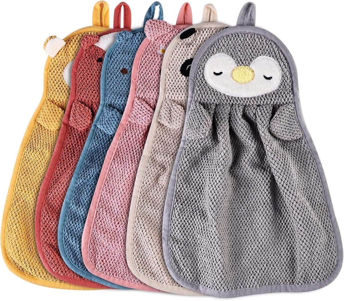 Handdoeken voor kinderen, 6 stuks, kinderhanddoek, dierenhanddoek, set van microvezel met ophanglus, dierenmotief, absorberend, sneldrogend, voor badkamer, keuken