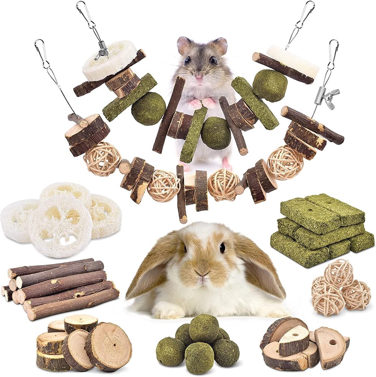 Speelgoed, kleine dieren, kauwspeelgoed, hazen, natuurlijk timothy-gras, kauwballen, knabbels, houten ketting, grasspeelgoed, tandverzorging voor haasjes, chinchillahamsters, cavia's, racemuizen, 1