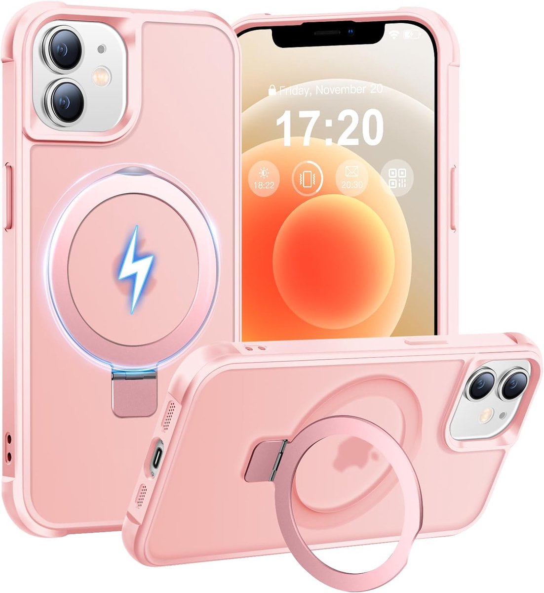 Telefoonhoes voor iPhone 12/12 Pro hoes, met onzichtbare magnetische ringstandaard, Mil-Grade valbestendig schokbestendig anti-kras anti-vingerafdruk antislip transparante matte hoes (roze)