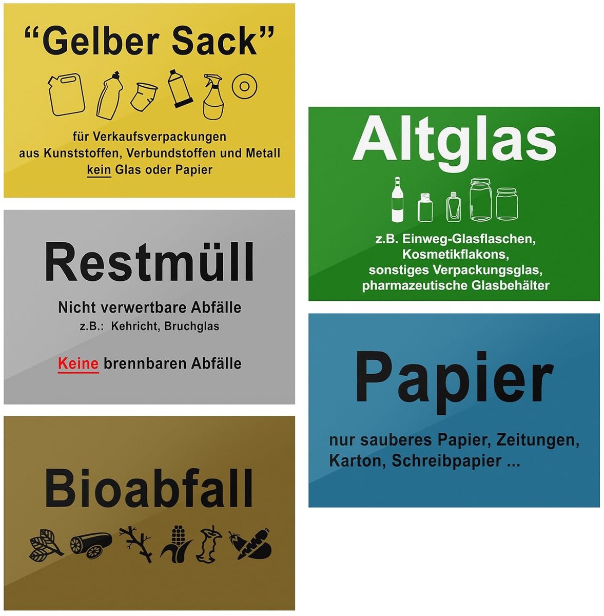 Vuilniscontainerstickers voor afvalscheiding, weerbestendig, belettering voor stickers, vuilnisbakken, vuilnisstickers voor gele zak, restafval, oud papier, biologisch afval, glas, vuilnisstickers (5