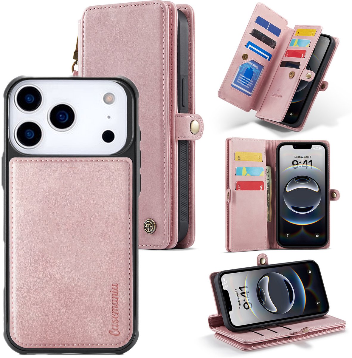 Casemania Hoesje Geschikt voor Apple iPhone 18 Pro Max - Pale Pink - Geschikt voor MagSafe - Luxe Kunstlederen 2 in 1 Kunstlederen Portemonnee Book Case met Extra Vakken