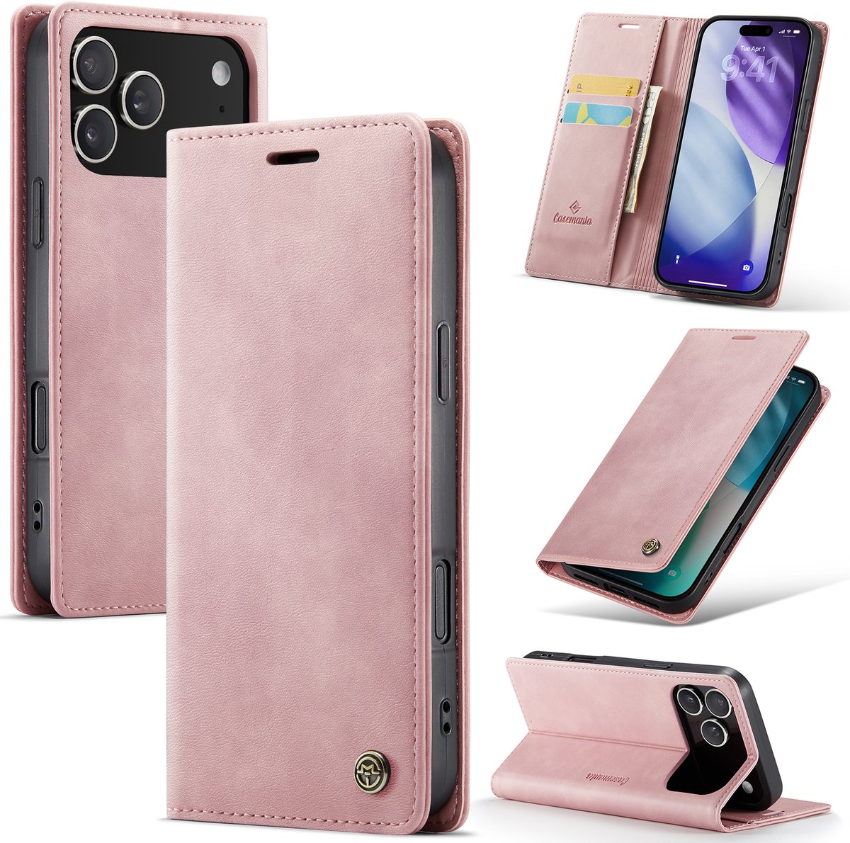 Casemania Hoesje Geschikt voor Apple iPhone 18 Pro - Pale Pink - Luxe Kunstleer Dunne Telefoonhoesje met Pasjeshouder en Standaardfunctie - Slim Wallet Case - Roze