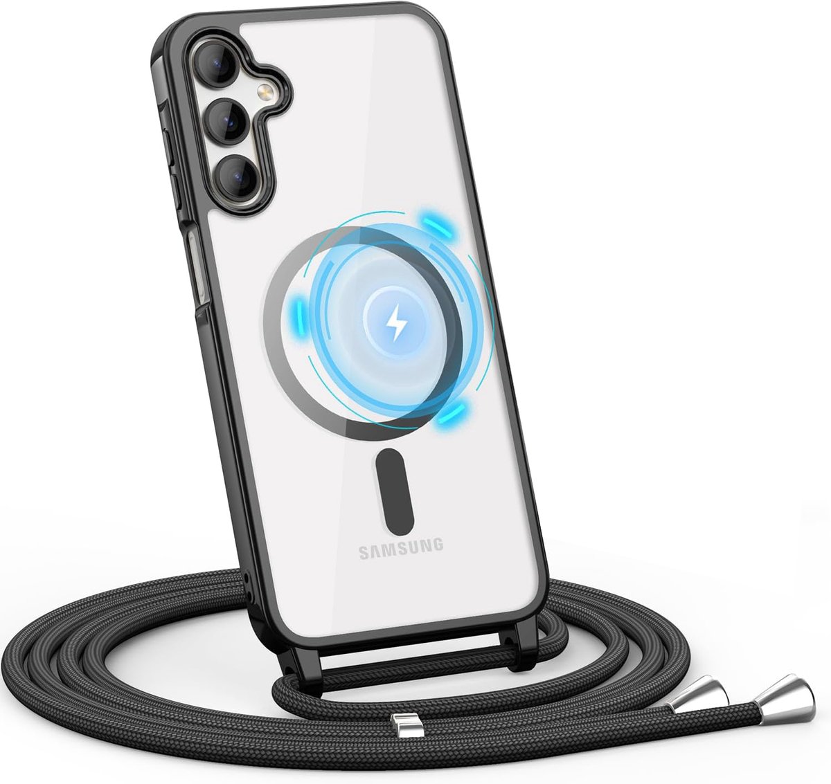 Casemania Hoesje Geschikt voor Samsung Galaxy S26 FE - Zwart - Siliconen Back Cover met Koord - Geschikt voor MagSafe - Telefoonhoesje met Koord - Crossbody Lanyard Cord Case
