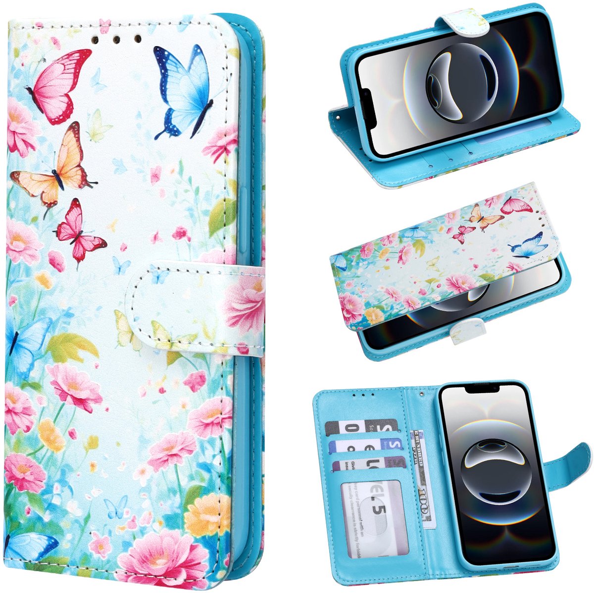 Casemania Hoesje Geschikt voor Apple iPhone 18 Pro Max - Kleurrijk Bloemen en Vlinders - Portemonnee Print Bookcase met Pasjeshouder en Standaardfunctie - Wallet case met Ingebouwde Kaarthouders