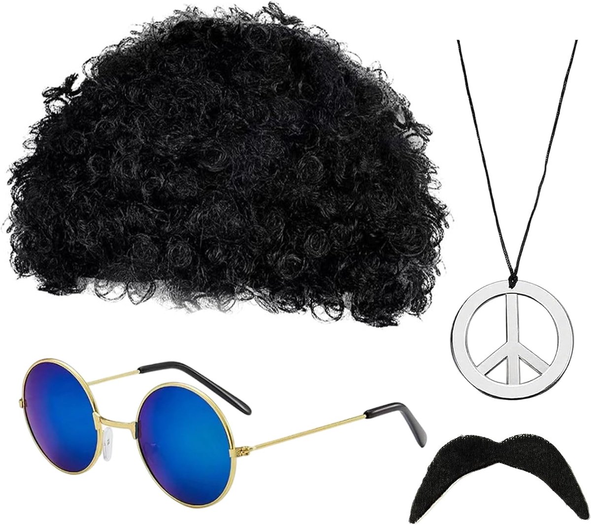 4-delige hippiekostuumset, hippiekostuum, pruik, accessoires met afro-pruik, zonnebril, snor, vredesteken, halsketting, accessoires voor jaren 60 en 70, discoparty, carnaval, cosplay