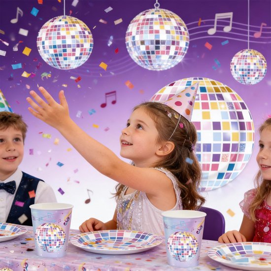 61 delige disco muziekfeest servies set, paars glitter decoratief kleurenschema, verjaardagsfeest decoraties, tafelkleed, papieren bekers, servetten, papieren borden, geschikt voor 20 gasten — afbeelding 5