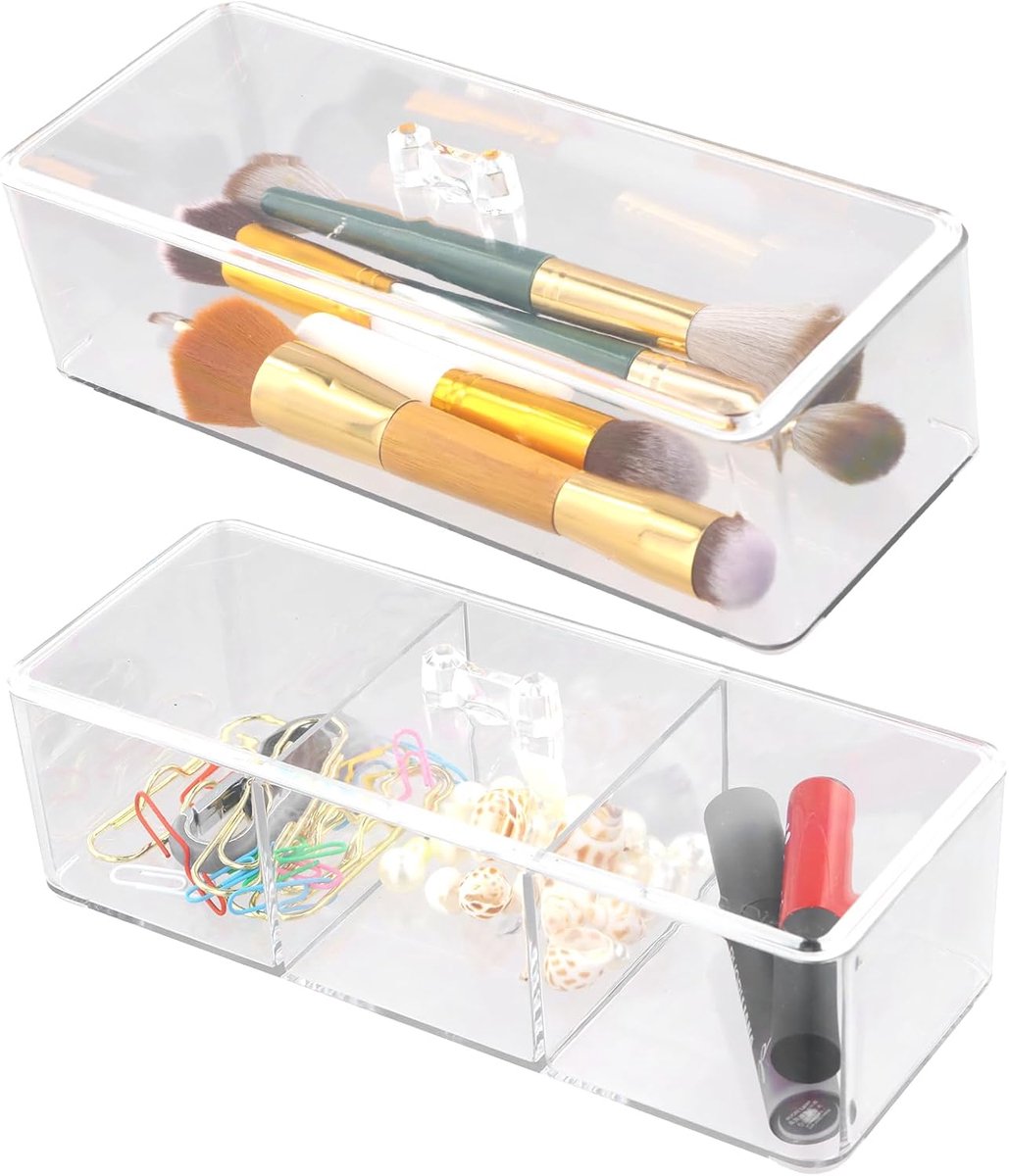organizer van acryl, 2 stuks, 3-vaks en 1 compartiment, cosmetische ladeorganizer, doorzichtige stapelbare cosmetische organizer, make-up-organizer voor make-up-organizer voor