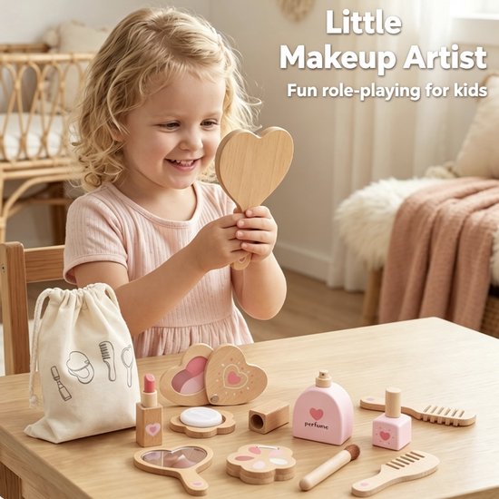 Houten Kinderschmink Set voor Meisjes – Complete Make-up Set met Tas – Rollenspel & Fantasie Speelgoed – Houten Speelgoed voor Meisjes van 3-7 Jaar – Cadeau voor Verjaardag en Kerstmis — afbeelding 4