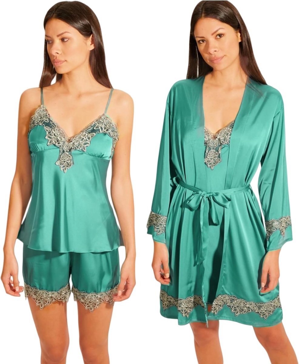 Satijn Pyjama Set 5 Stuks Zijden. Nachthemd Nachtkleding voor Womens Vrouw, homewear, kimono badjas, top, nachtjapon, korte broek en lange broek.