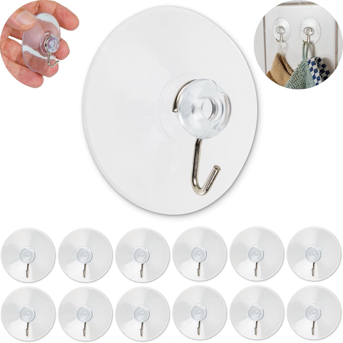 12 stuks, in Transparant, met Ø 55 mm zuignap en metalen haak, multifunctionele haken voor badkamer, keuken, wandtegels, raam, spiegel, zuignaphaakset, universele haken, handdoekhaken