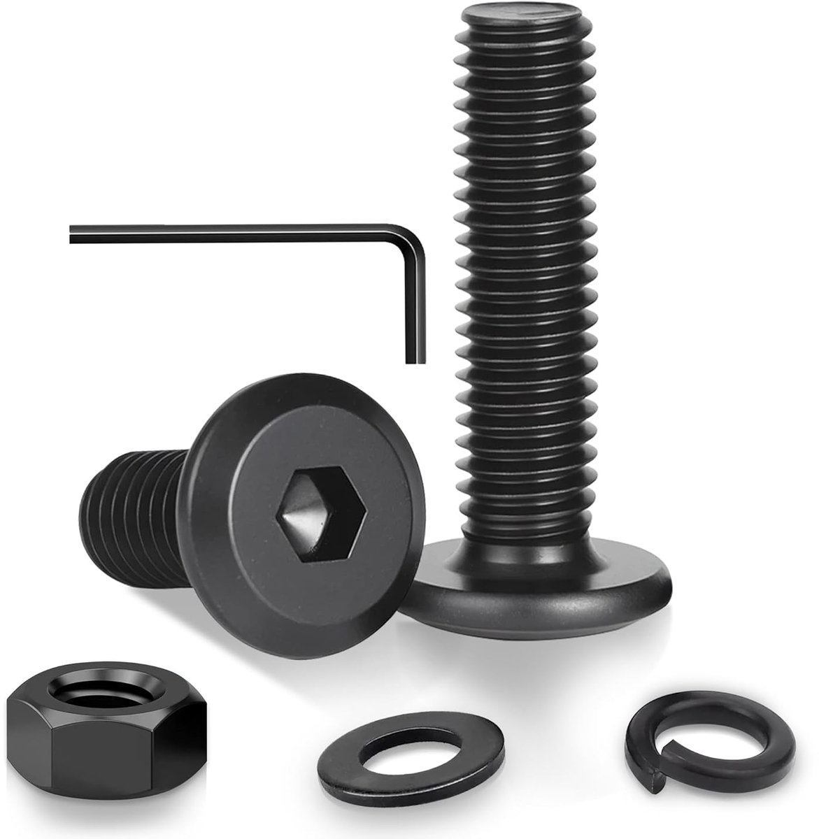 22 stuks M6 x 45 mm roestvrijstalen binnenzeskant platte kopschroeven, zwart geoxideerd, meubelverbindingsschroeven met volledige schroefdraad en moersleutel, hoogwaardige verbindingselementen voor
