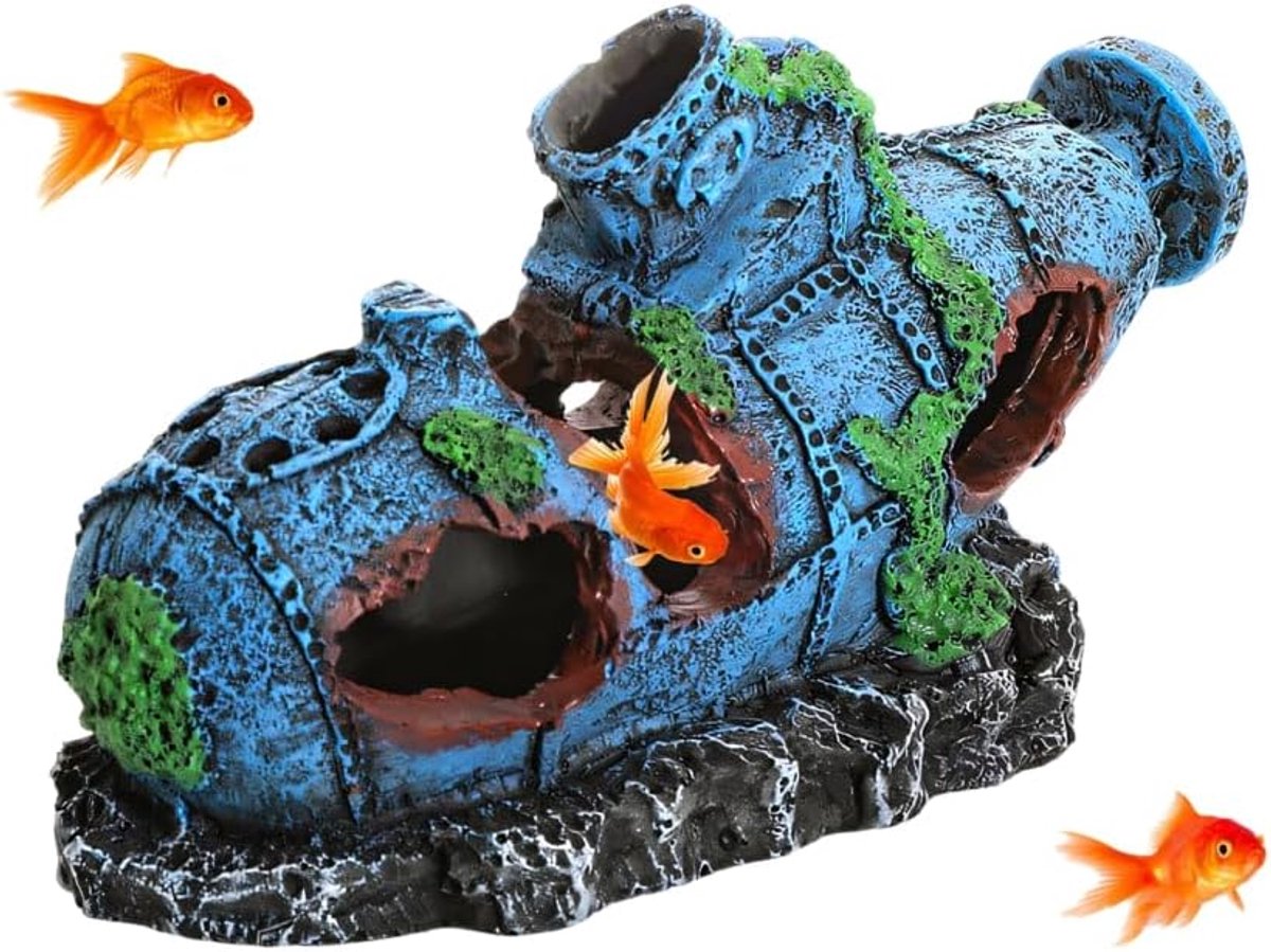 Aquarium schip wrak ornament, hars realistische onderzeeër scheepswrak grot schuilplaats voor aquarium garnalen betta slakken en nano-vissen