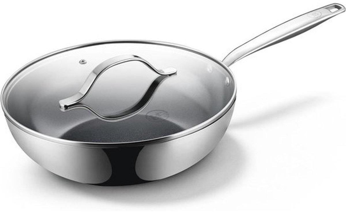 Wokpan Roestvrij Staal - Koekenpan Keramiek - Snel Koken - PFAS-vrije Antiaanbaklaag - Diameter 28 cm - Zwart