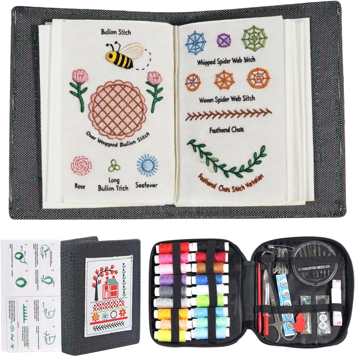 Borduurset voor beginners en volwassenen, 86-delige borduurset met borduurboek om zelf te borduren, draagbare kruissteekset inclusief naalden, garen en handleiding voor creatief naaldwerk