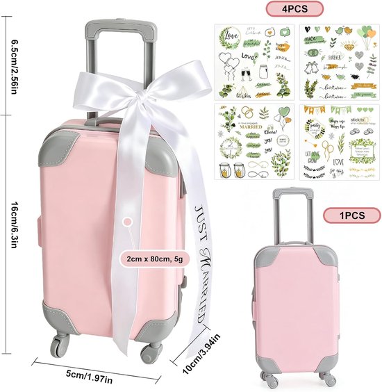 Koffer geschenkdoos bruiloft - geldgeschenk bruidspaar, 3-delig roze - Met 4 groene bruiloftsstickers en lint, ideaal voor geldgeschenken, reiskassa, huwelijksreis en Just Married decoratie van koffer — afbeelding 2