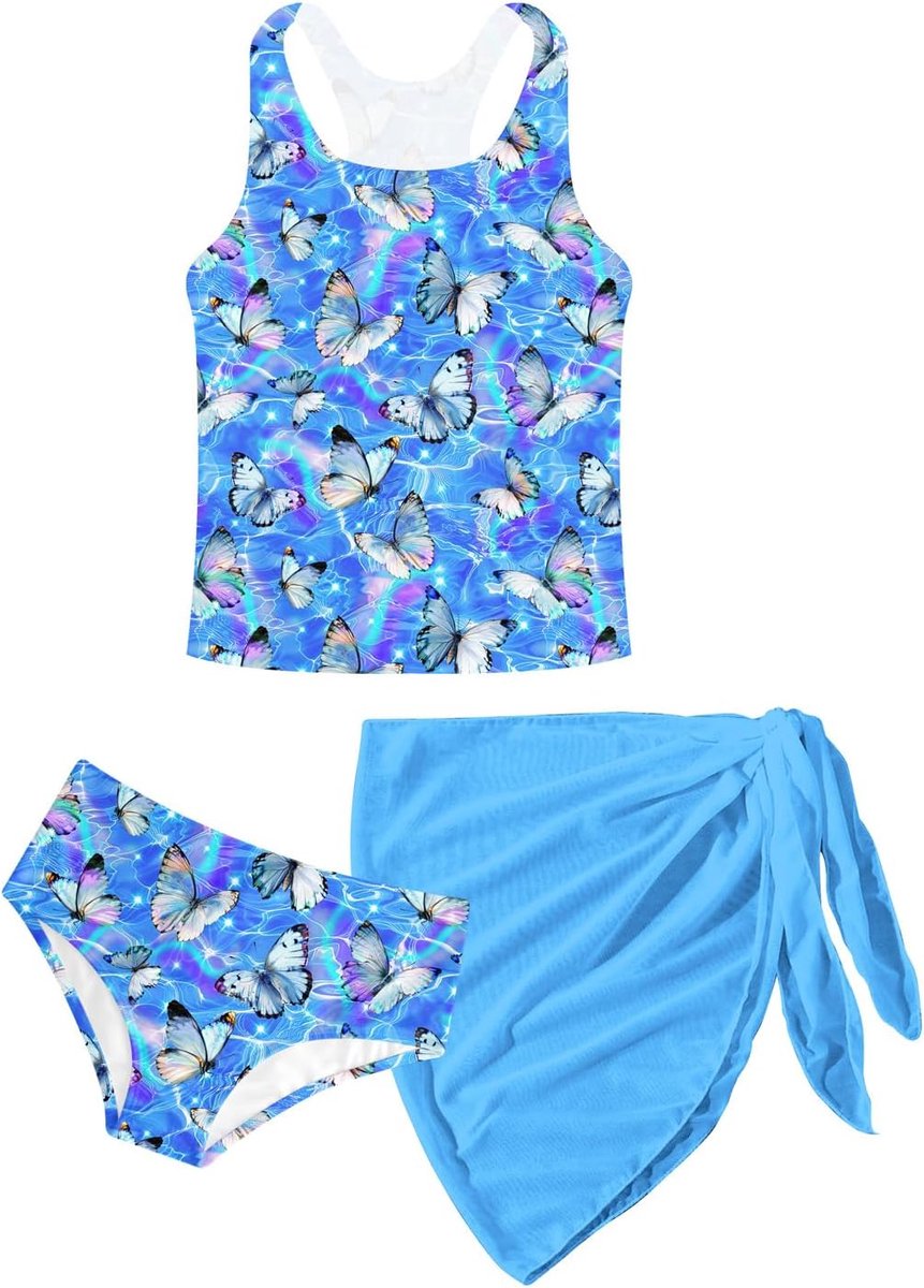 Zwemkostuum voor meisjes, 3-delig meisjesbikini, zomer, Hawaii-prints, zwempak, tankini voor kinderen, met bedekkende badpakken, vakantie, surfen, voor 8-14 jaar