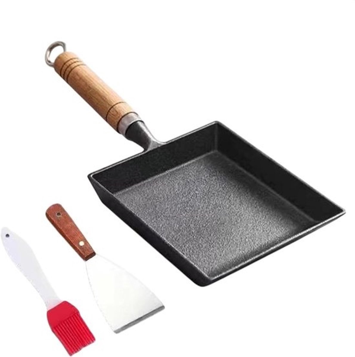 Omeletpan Vierkant - Koekenpan Gietijzer - Ontbijt Maken - Fysieke Antiaanbaklaag - 20 cm - Zwart