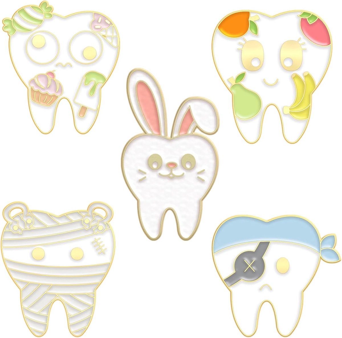 5 stuks cartoontanden, broche, emaille pinnen, schattige emaille spelden, cartoon, tandarts, revers, pin, esthetische tanden, broche, juwelen, voor kleine geschenken, rugzakken en mutsen, B