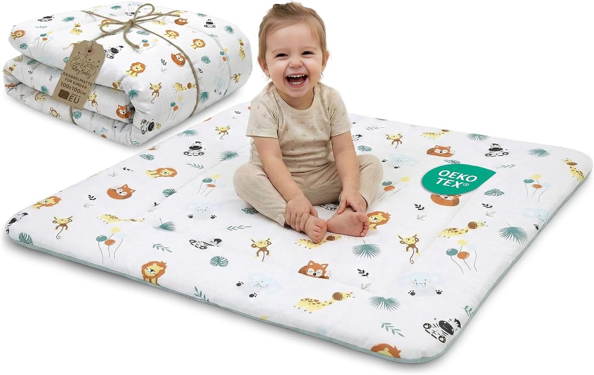 Baby 100 x 100 cm gewatteerd – Speelkleed opvouwbaar en wasbaar op 30 graden voor Kinderkamer Woonkamer Box & onderweg – Speelmat Oeko-Tex gecertificeerd Safari