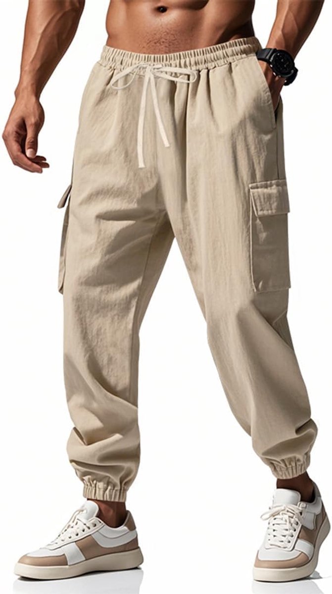 herenbroek met zakken en elastische tailleband, casual, licht, voor heren, comfortabel, losse pasvorm, strandbroek, baggy broek, lente