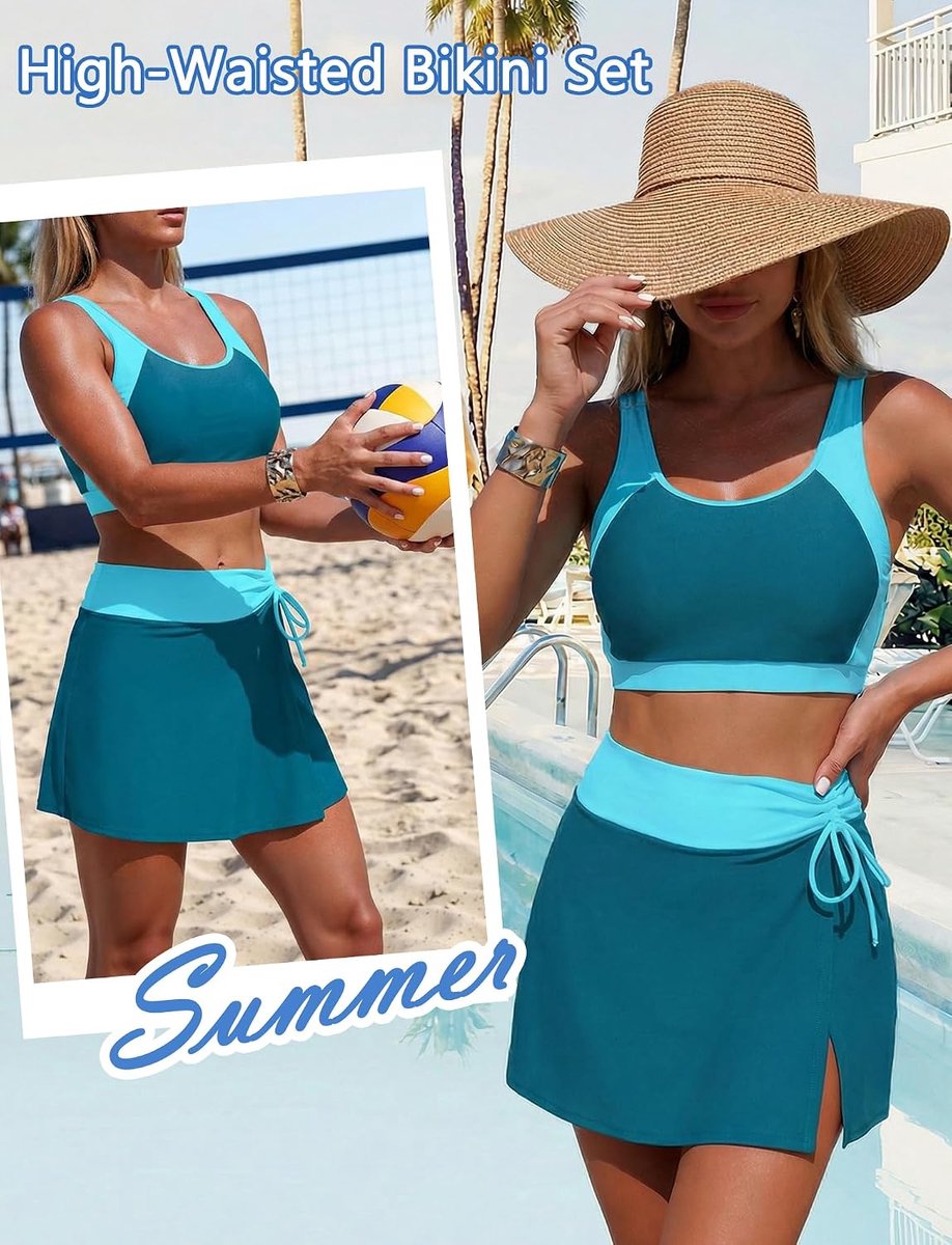 set met rok dames sport tweedelig badpak tank top en zwemrok met shorts vrouwen voor strand S