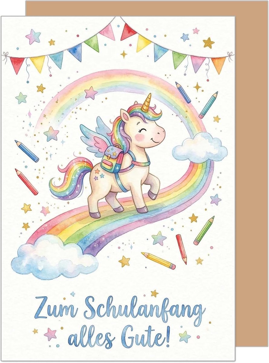 Seidel Premium wenskaart voor de eerste schooldag met envelop. eerste schoolkaart kaart eerste schoolkaart vouwkaart spreuk schoolkind meisje eerste klas schoolinleiding eenhoorn kleurrijk