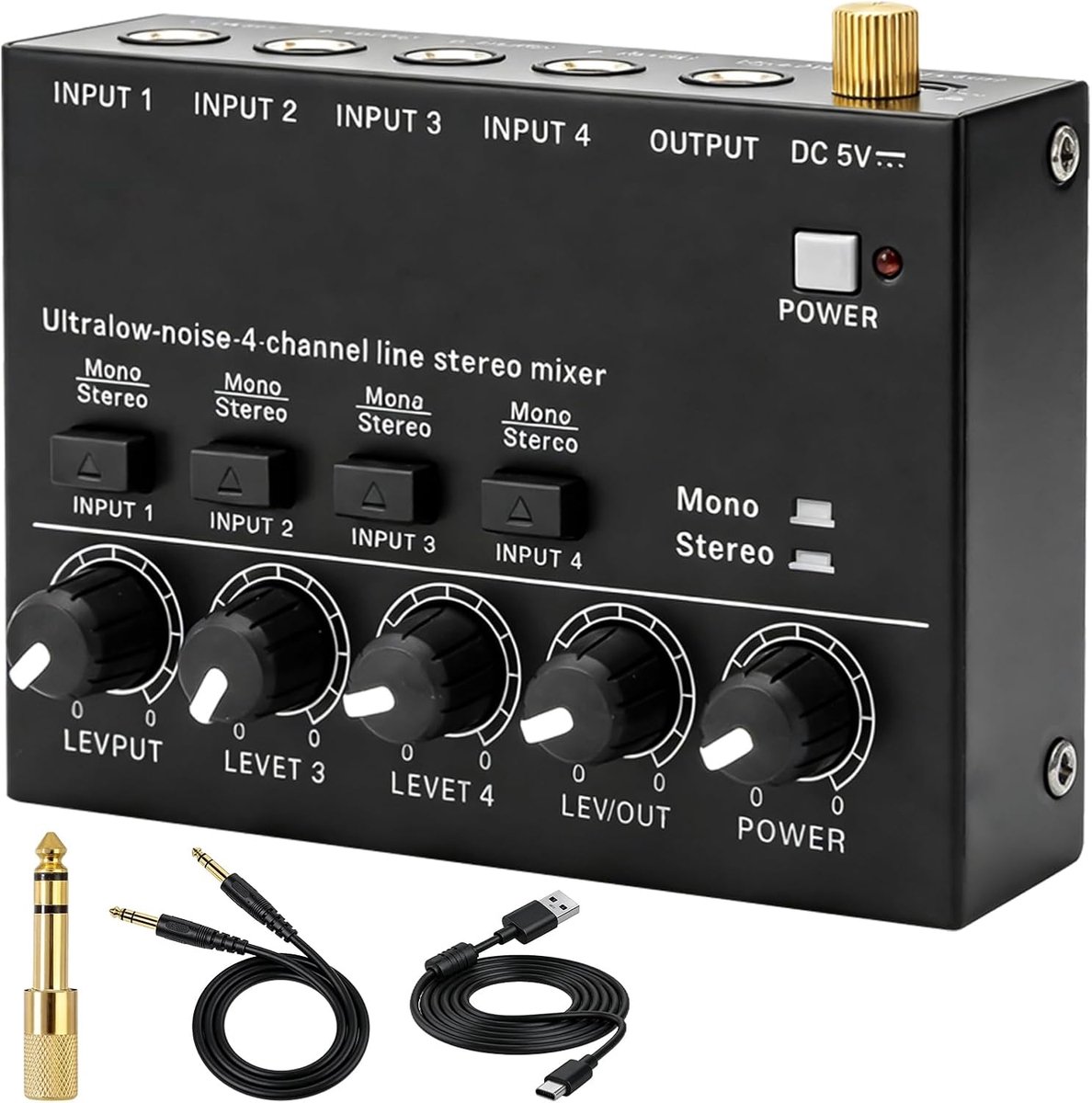 4-kanaals audiomixer met 3,5 mm naar 6,35 mm schakelkabel, stereo-audiomixer met volumeregeling, compacte mixer voor microfoons, gitaren, bas, piano's